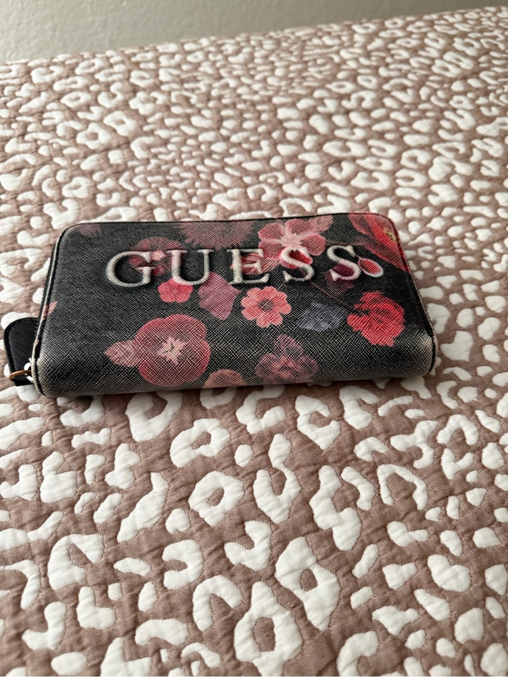 Guess Black Zip Wallet with Pink and Red Floral Print